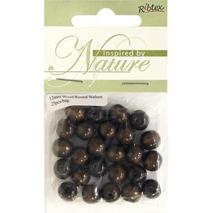 Ribtex Inspired By Nature Round Wood Beads 25 Pack Walnut 12 mm