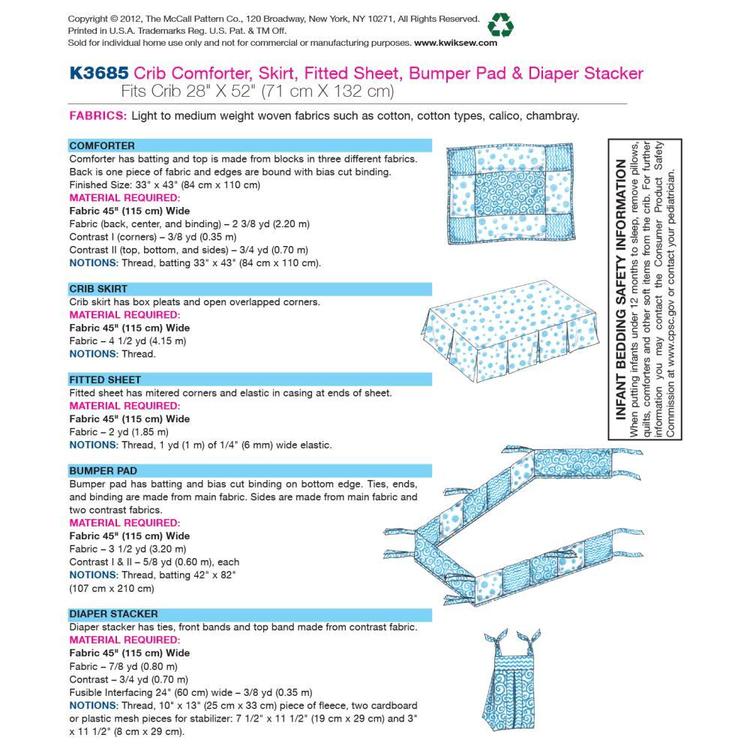 Kwik Sew Pattern K3685 Crib Comforter Skirt Fitted Sheet Bumper