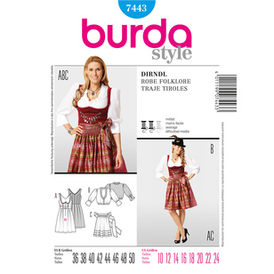 Burda Pattern 7443 Women's Dirndl  10 - 24