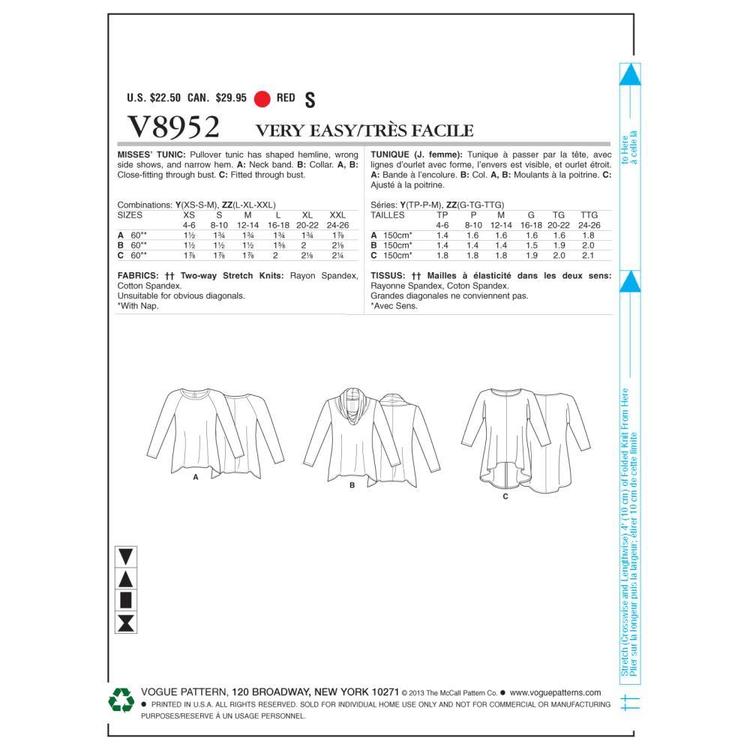 Vogue Pattern V52 Misses Tunic