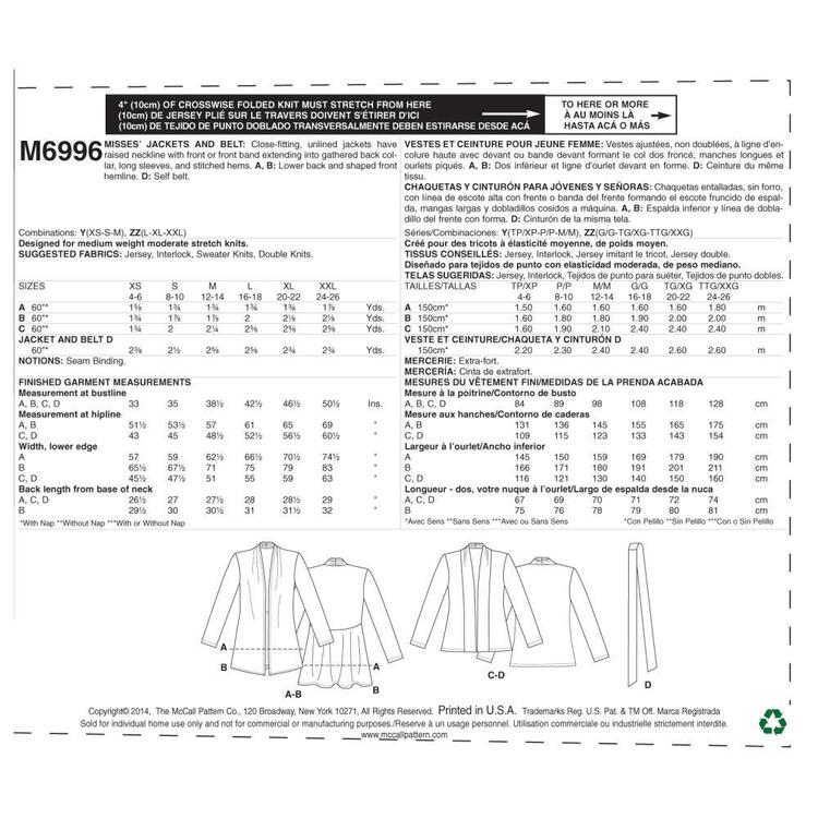 McCall's Pattern M6996 Misses' Jackets & Belt