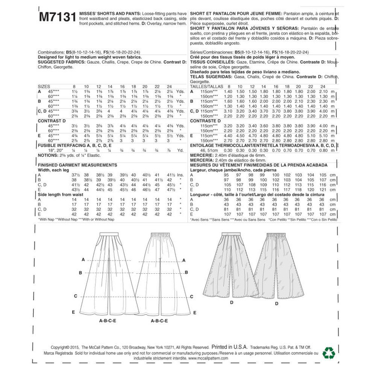 McCall's Pattern M7131 Misses' Shorts & Pants