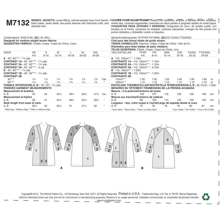 McCall's Sewing Pattern M7132 Misses' Jackets White