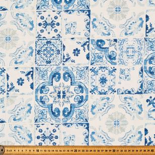 Italian Tile Weather Resistant Canvas Fabric White & Blue 150 cm