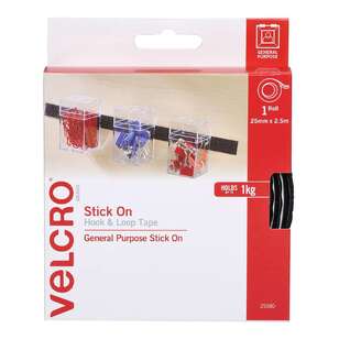 VELCRO Brand Stick On Hook & Loop Tape Roll Black 25 mm x 2.5 m