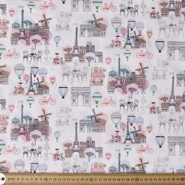 Sketches Of Paris Eiffel Tower Cotton Fabric White 112 cm