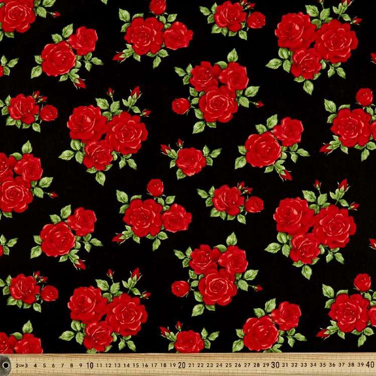 Red Rose Bunches Cotton Fabric Black & Red