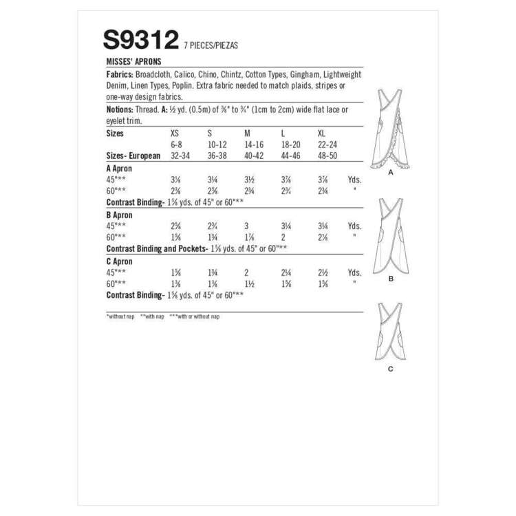 Simplicity Sewing Pattern S9312 Misses' Aprons All Sizes