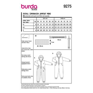 Burda Kids Sewing Pattern 9275 Children's Hooded Jumpsuit & Onesie 4 - 9 (104 - 134)