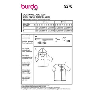 Burda Kids Sewing Pattern 9270 Babies' Hooded Jacket, Coat with Tie Bands 1M - 3 (56 - 98)