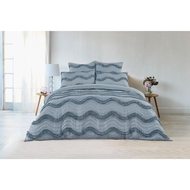 KOO Angie Ruffle Quilt Cover Set Sky Blue Queen