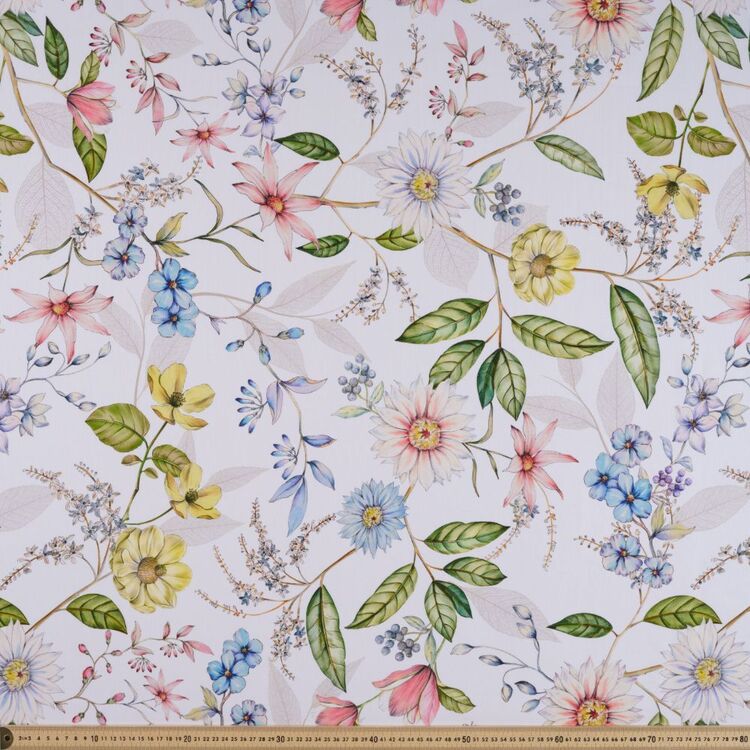 Martha Floral 150 cm Printed Cotton Canvas Fabric White & Multicoloured