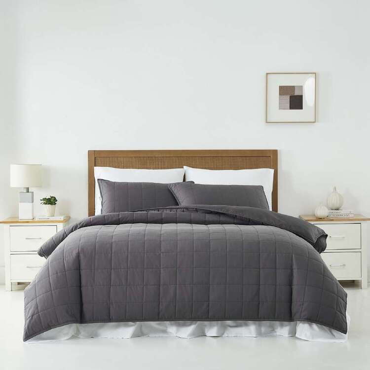 KOO Olive Slub Quilted Quilt Cover Set Charcoal