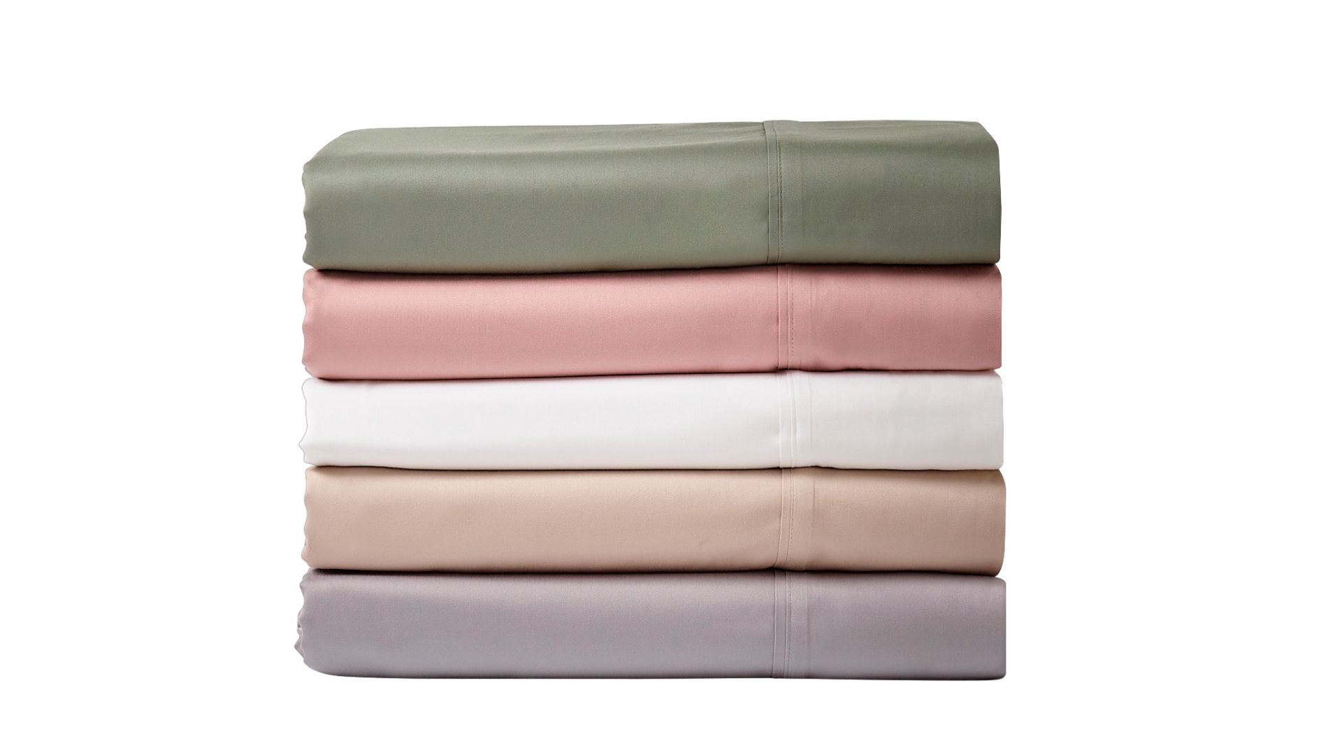 Stack of folded neutral and soft pink bamboo cotton bed sheets