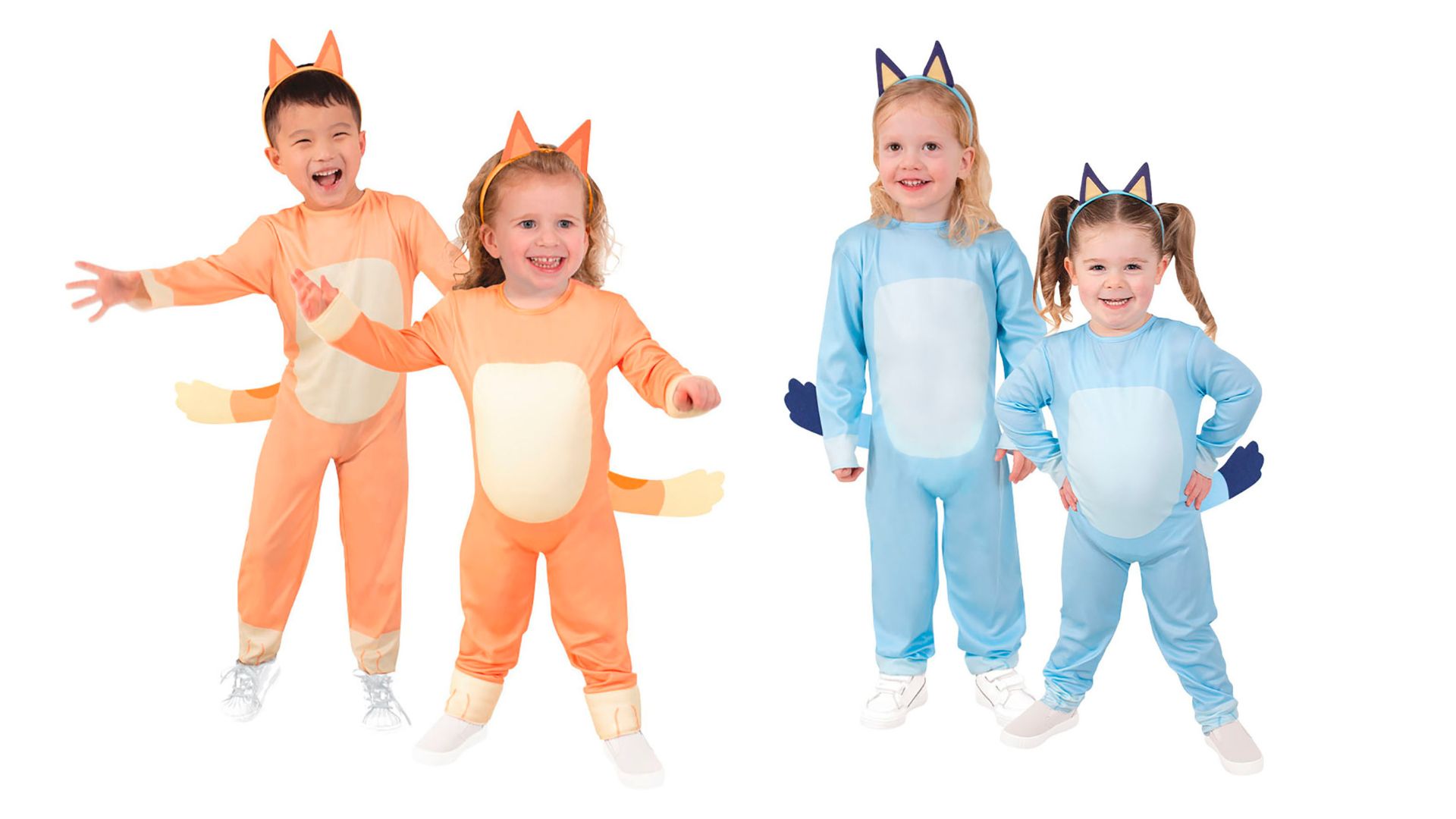 Toddlers wearing Bluey and Bingo costumes with matching headbands