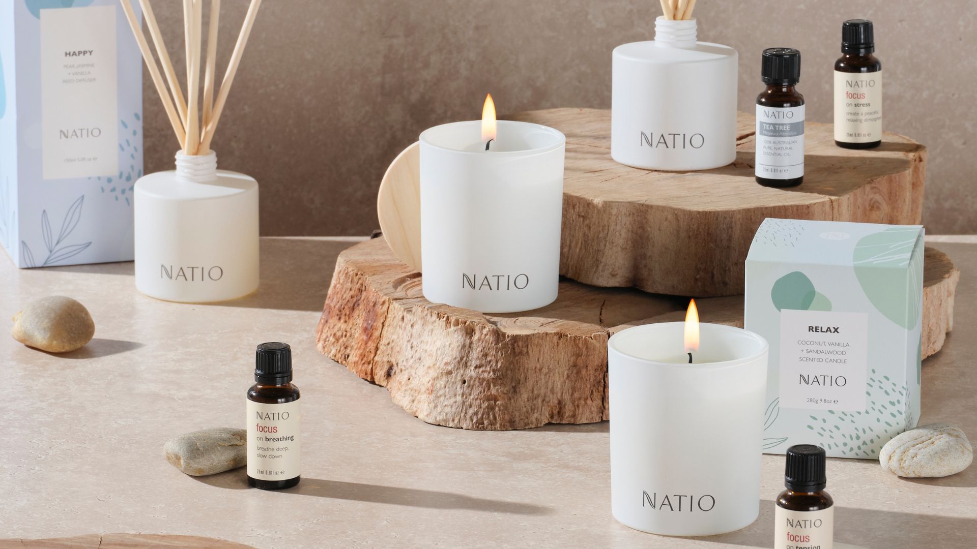 Natio Scented Candles, Reed Diffuser & Essential Oils