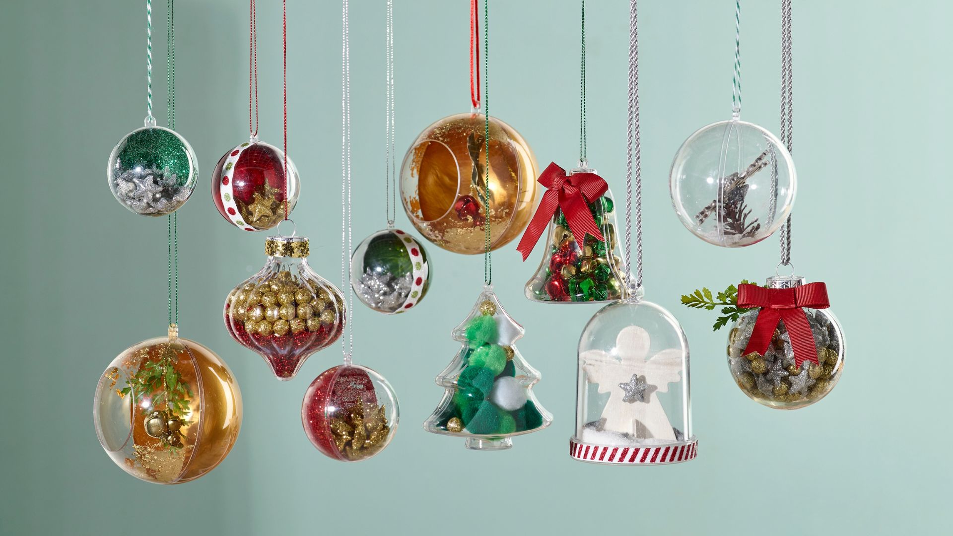 DIY fillable baubles decorated with glitter, beads, gold paint and ribbons