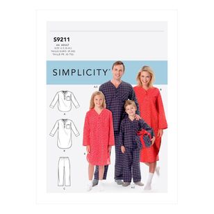 Simplicity Sewing Pattern S9211 Misses'/Men's/Boys'/Girls' Patch Pocket Top, Nightshirt & Pants AA S - XL