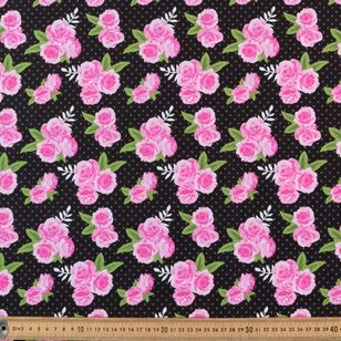 Pink Roses On Dots 112 cm Cotton Fabric Black 112 cm
