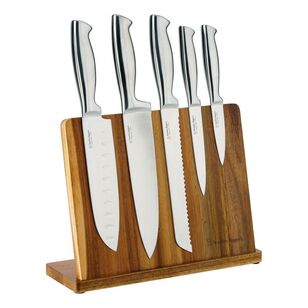 Stanley Rogers Magnetic Knife Block 6 Piece Set Stainless Steel & Brown