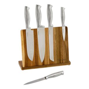 Stanley Rogers Magnetic Knife Block 6 Piece Set Stainless Steel & Brown