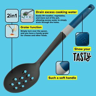 Tasty 2-in-1 Slotted Spoon and Grater Blue & Grey