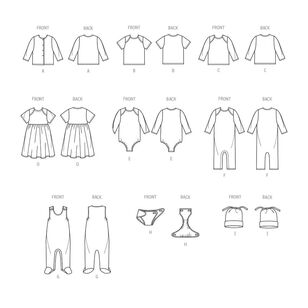 Butterick B6970 Infants' Jacket, Tops, Dress, Rompers, Diaper Cover and Hat Pattern White XXS - L