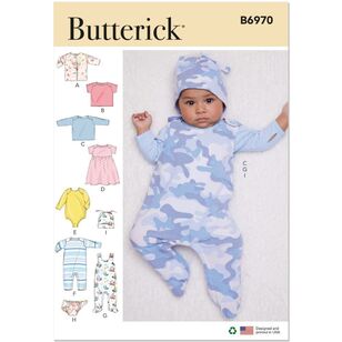 Butterick B6970 Infants' Jacket, Tops, Dress, Rompers, Diaper Cover and Hat Pattern White XXS - L