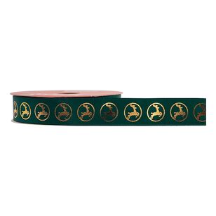 Jolly & Joy 16mm Green Christmas Satin Ribbon Gold Reindeer Stamp 16 mm