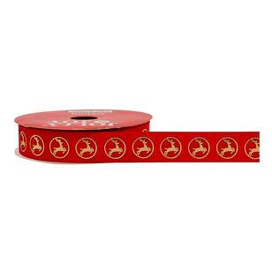 Jolly & Joy 16mm Red Satin Christmas Ribbon Gold Reindeer Stamp 16 mm