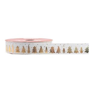 Jolly & Joy White with Gold Trees Satin Christmas Ribbon White 16 mm