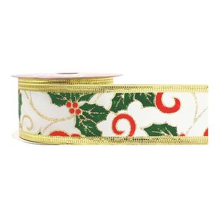 Jolly & Joy Wire Edge White Holly Print Christmas Ribbon White 3 m