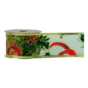 Jolly & Joy Wire Edge Gold Organza Holly Print Christmas Ribbon Gold 3 m