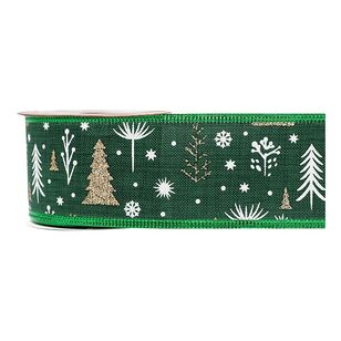 Jolly & Joy Wire Edge Green Christmas Tree Ribbon Green & Gold 3 m