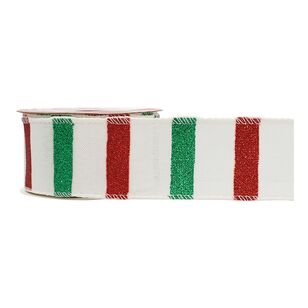 Jolly & Joy Wire Edge Stripe Christmas Ribbon Natural, Red & Green