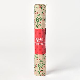 Jolly & Joy Holly Berries Burlap Christmas Fabric Wrap Natural 28 cm x 2 m