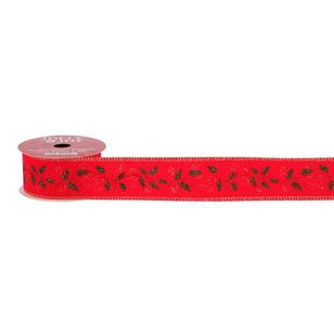 Jolly & Joy Traditional Plush Holly Christmas Ribbon Red 40 mm x 3 m