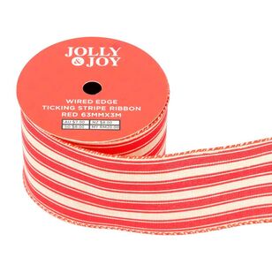 Jolly & Joy Christmas Ticking Stripe 63 mm Wired Edge Ribbon Red 63 mm x 3 m