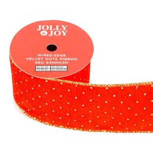 Jolly & Joy Velvet Dots 63 mm Wired Edge Christmas Ribbon Red 63 mm x 3 m