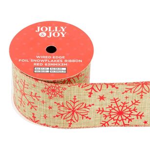 Jolly & Joy Foil Snowflakes 63 mm Wired Edge Christmas Ribbon Red 63 mm x 3 m