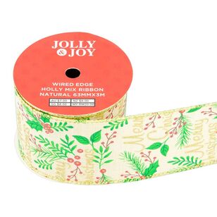 Jolly & Joy Holly Christmas Mix 63 mm Wired Edge Ribbon Natural 63 mm x 3 m