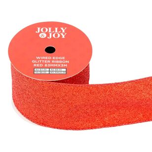 Jolly & Joy Christmas Glitter 63 mm Wired Edge Ribbon Red 63 mm x 3 m