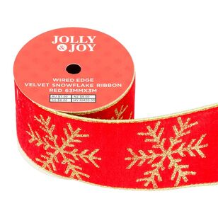 Jolly & Joy Velvet Snowflake 63 mm Wired Edge Christmas Ribbon Red 63 mm x 3 m