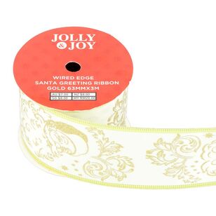 Jolly & Joy Santas Christmas Greetings 63 mm Wired Edge Ribbon Gold 63 mm x 3 m