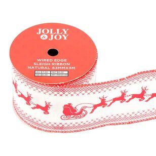 Jolly & Joy Santas Sleigh 63 mm Wired Edge Christmas Ribbon Natural 63 mm x 3 m