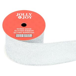 Jolly & Joy Christmas Glitter 63 mm Wired Edge Ribbon Silver 63 mm x 3 m