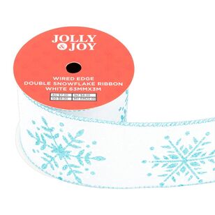 Jolly & Joy Double Snowflake 63 mm Wired Edge Christmas Ribbon White 63 mm x 3 m