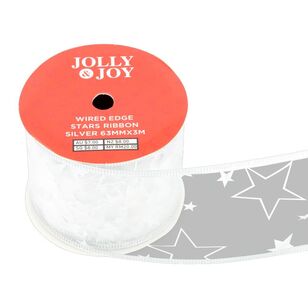 Jolly & Joy Christmas Stars 63 mm Wired Edge Ribbon Silver 63 mm x 3 m