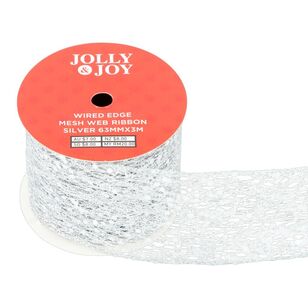 Jolly & Joy Silver Mesh Web 63 mm Wired Edge Christmas Ribbon Silver 63 mm x 3 m