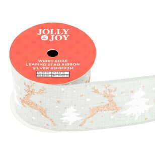 Jolly & Joy Leaping Stags 63 mm Wired Edge Christmas Ribbon Silver 63 mm x 3 m